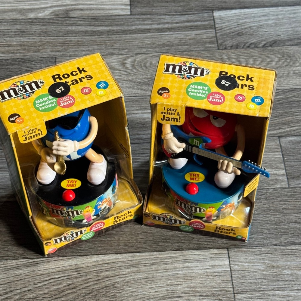 M&M's Rock Stars Candy Dispensers Red Guitar Blue Saxophone Musical Set of 2